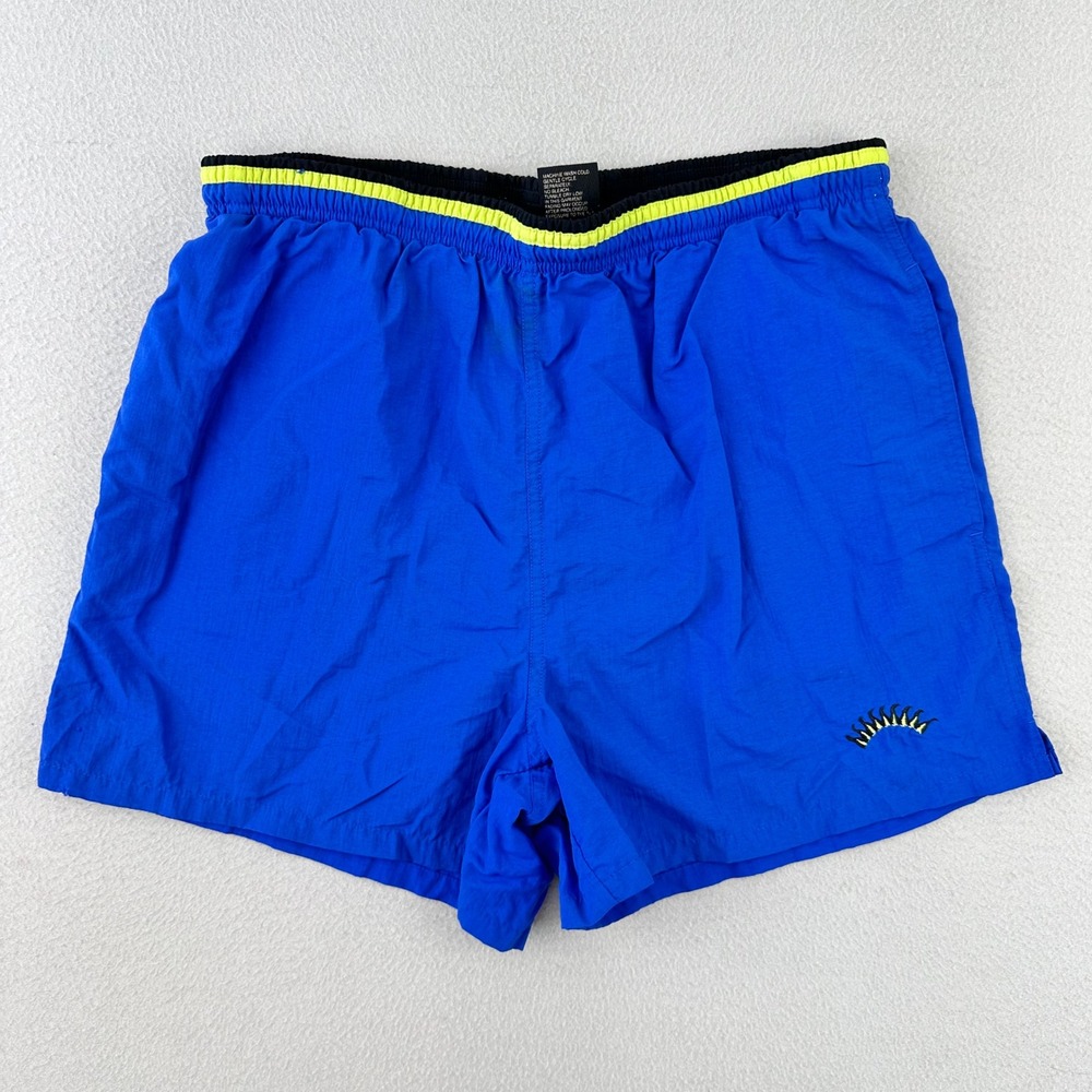 Vintage Nylon Swim Trunks Mens Medium Blue Mesh Lined Cheetah Sport 90s Shorts